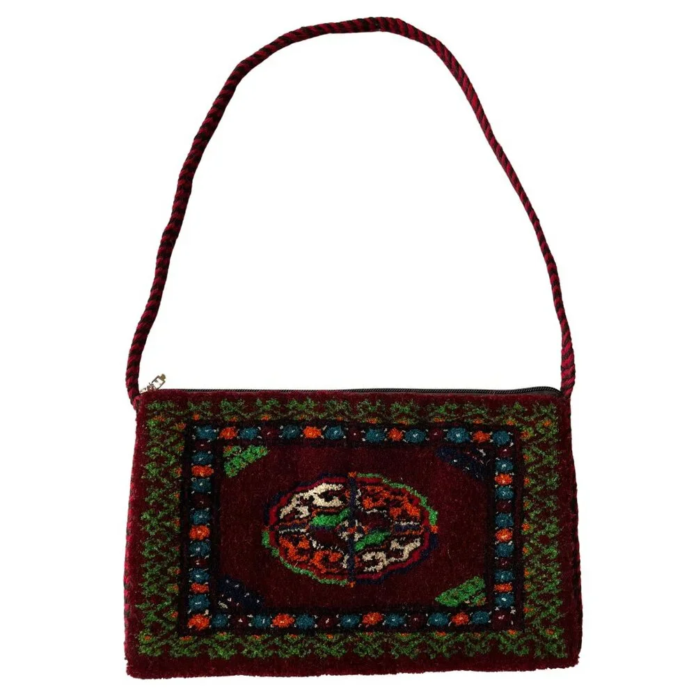 NEW Turkmen Woven Wool Carpet Clutch Purse, Maroon w/ Multicolor Design